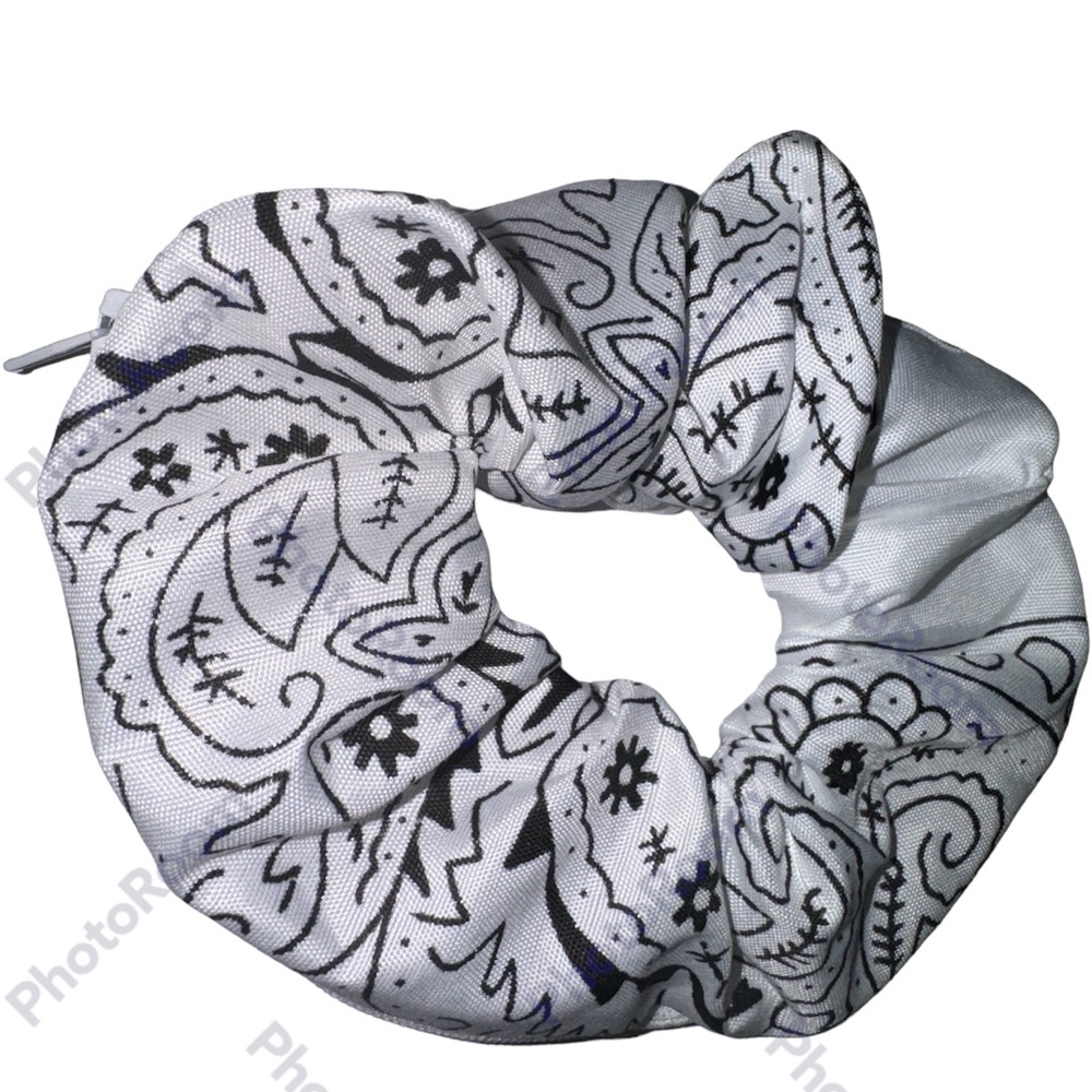 Bandana print white zipper hair scrunchie hand made USA authentic cotton blend